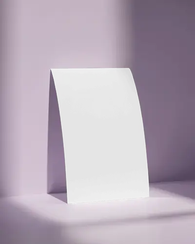 Curved A4 Flyer Mockup Leaning On Lavender Wall With Soft Light And Shadows In Minimal Studio