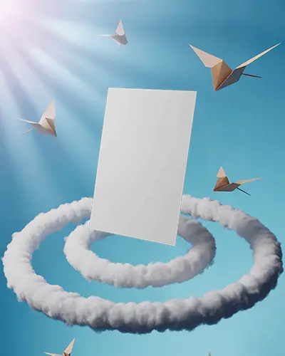 Flyer Mockup Hovering In Sky With Origami Birds And Spiraling Clouds Dreamy Mood