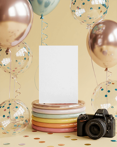Creative Photo Shoot Flyer Mockup With Balloon Decorations And Vintage Camera Display