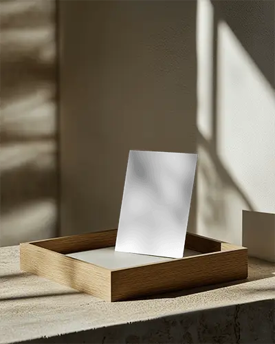 Minimalist Flyer Mockup With Wooden Tray And Natural Light Shadow Play