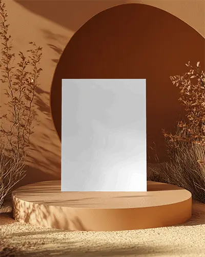 Vertical Flyer Mockup With Arch Shape Background And Natural Plants Around Podium