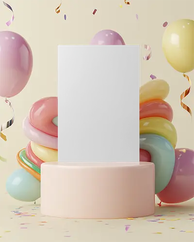 Festive Event Flyer Mockup With Colorful Balloons And Podium Display