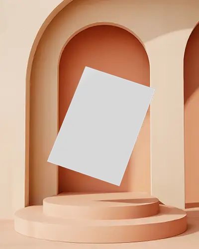 Minimalistic A4 Flyer Mockup Floating Above Round Podium With Arched Background Design