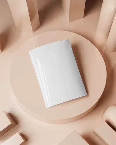 curved-flyer-mockup-on-peach-podium-with-surrounding-abstract-shapes-and-glossy-light