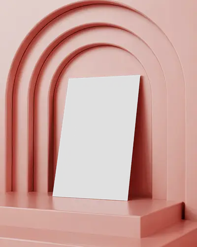 standing-flyer-mockup-in-pink-3d-arched-wall-scene-with-soft-studio-light-on-steps