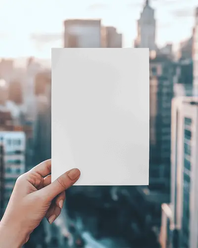 Cityscape Flyer Mockup Female Hand Holding Paper Against Blurred Urban Background Modern And Dynamic Design 041