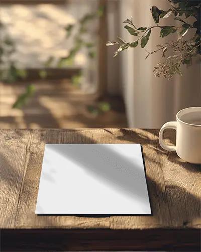 Modern Office Flyer Mockup On Wooden Desk With Coffee Laptop And Stationery Clean And Professional Setup 043