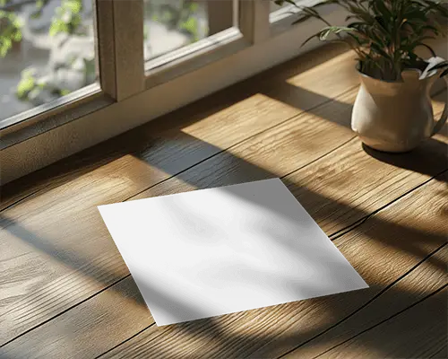 Sunlit Window Flyer Mockup On Rustic Wooden Table With Natural Lighting And Greenery Cozy And Inviting Ambience 044