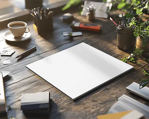 Creative Workspace Flyer Mockup On Rustic Desk With Coffee Plants And Office Supplies Warm And Inspirational Ambience 045