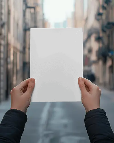 Urban Street Flyer Mockup Hands Holding Paper In City Background With Soft Natural Lighting 046