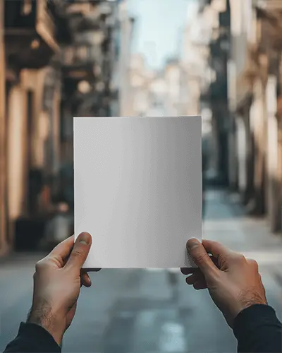 Urban Street Flyer Mockup Male Hands Holding Paper In Blurred City Background With Natural Light 047