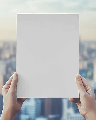 Cityscape Flyer Mockup Female Hands Holding Paper With Blurred Urban Skyline In Background Soft Natural Light 048