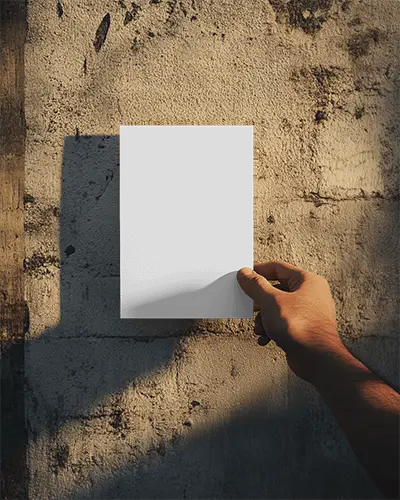 Textured Wall Flyer Mockup Male Hand Holding Paper Against Rugged Surface With Dramatic Sunset Lighting 049