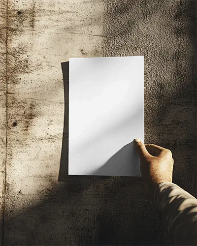 Rugged Wall Flyer Mockup Male Hand Holding Paper In Strong Directional Lighting With Deep Shadows Industrial Urban Vibe 050