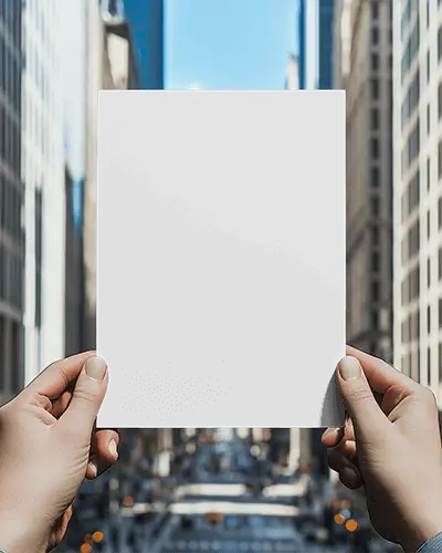 Urban Skyscraper Flyer Mockup Female Hands Holding Paper With Blurred City Street In Background Modern Metropolitan Aesthetic 051