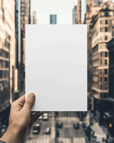 Urban Street Flyer Mockup Hand Holding Paper Against Blurred City Background Busy Metropolitan Atmosphere 052