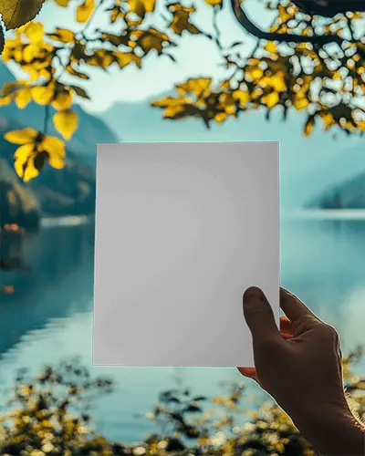 Serene Lakeside Flyer Mockup Hand Holding Paper Against Tranquil Mountain Lake Autumn Foliage Soft Natural Light 053