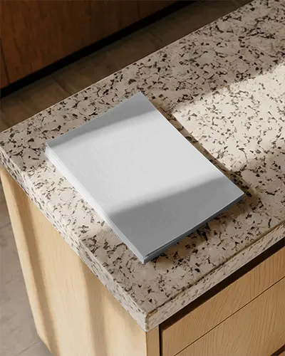 Minimalist Flyer Mockup Placed On Marble Kitchen Countertop For Modern Presentation