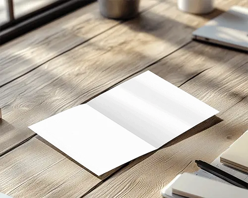 Sunlit Office Brochure Mockup Opened On Rustic Wooden Desk With Notebooks And Pen Cozy And Professional Workspace 059