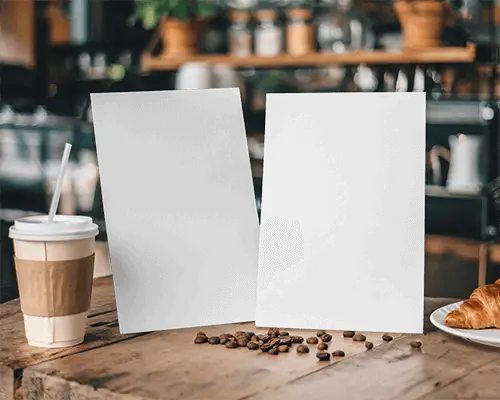 Cozy Cafe Flyer Mockup White Paper On Wooden Table Warm Lighting Inviting And Rustic Ambience 065