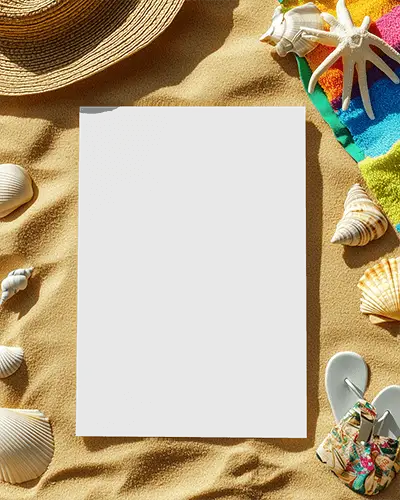 Beach Sand Flyer Mockup With Straw Hat Seashells Starfish And Colorful Towel Summery And Tropical Vibes 068