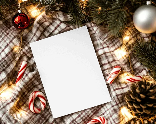 Cozy Christmas Flyer Mockup On Plaid Blanket With Candy Canes Pinecones And Festive Lights Warm And Holiday Themed 069