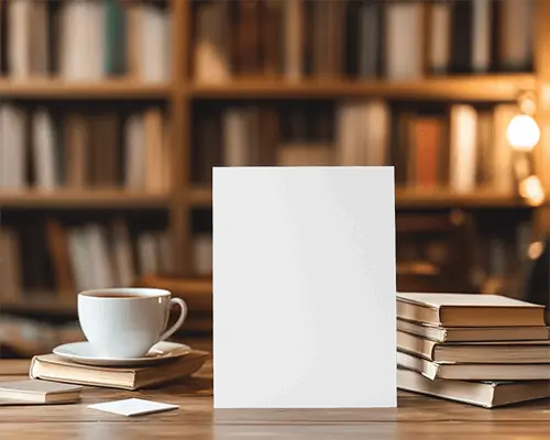 Warm Library Flyer Mockup On Wooden Table With Coffee Cup And Stacked Books Cozy And Intellectual Ambience 070
