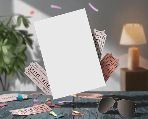 Party Themed Flyer Mockup Floating Above Blue Wood Table With Concert Tickets Confetti And Sunglasses In Playful Room Setting 072