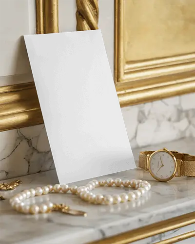 Luxury Jewelry Themed Flyer Mockup On Marble Surface With Gold Watch Pearl Necklace And Ornate Decorative Background 074