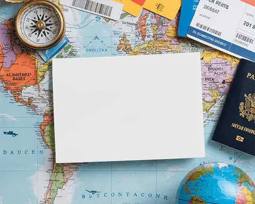 Travel Themed Flyer Mockup Flat Lay On World Map With Passport Compass And Boarding Passes Globetrotting And Adventure Vibes 078