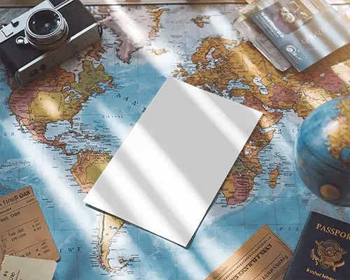 Sunlit Travel Flyer Mockup On World Map With Vintage Camera Passport And Boarding Passes Soft Shadows And Wanderlust Aesthetic 080