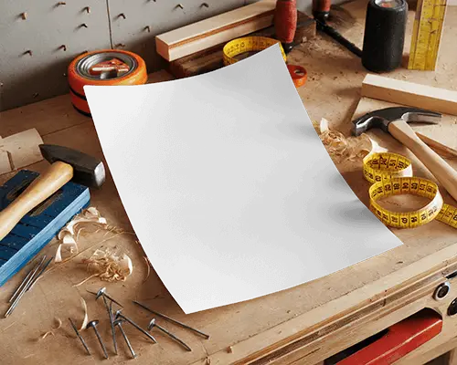 Woodwork Bench Flyer Mockup In Carpentry Setting With Tools Nails Sawdust And Measuring Tape Craftsmanship And Diy Theme 081