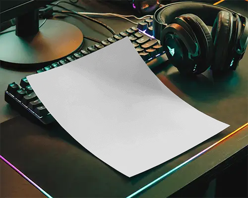 Gaming Desk Flyer Mockup On Keyboard With Headphones Modern Gamer Setup Dark Mood With Neon Glow 082