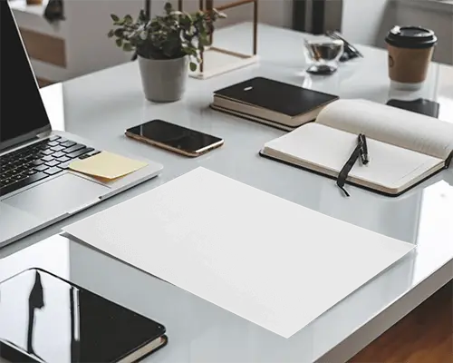 Minimalist Workspace Flyer Mockup On Glossy Desk With Laptop Notebooks And Coffee Cup Clean And Organized Office Setting 083