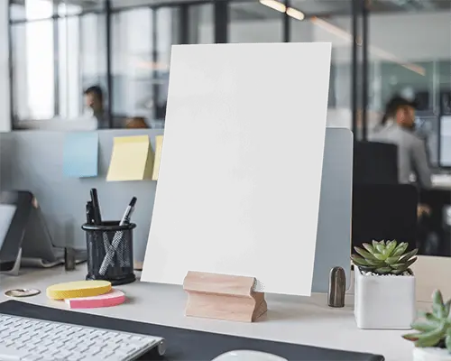 Modern Office Flyer Mockup On Desk Easel With Keyboard Sticky Notes And Succulents Open Space Creative Work Environment 084