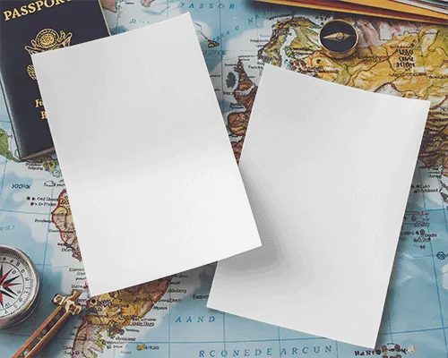 Travel Themed Flyer Mockup Two A5 Sheets On World Map With Passport And Compass 089