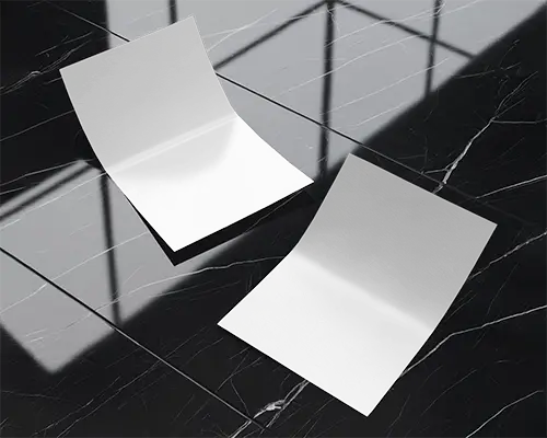 Minimalist Marble Floor Flyer Mockup Two Sheets Under Geometric Window Shadows Luxurious And Modern Ambience 091