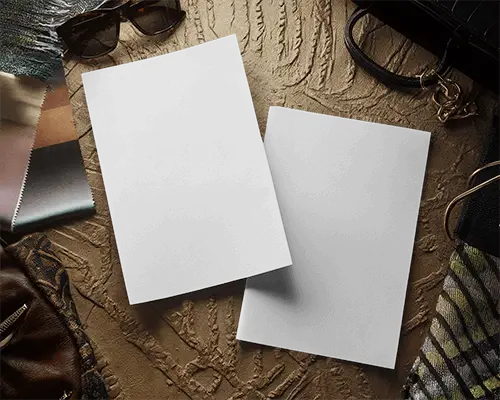 Fashion Accessory Flatlay Flyer Mockup Two Sheets On Textured Surface With Sunglasses And Fabric Swatches Elegant And Trendy Vibe 093