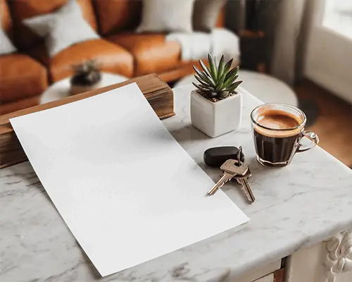 Cozy Modern Kitchen Flyer Mockup On Marble Countertop With Espresso Plant And Keys Warm Morning Lighting Relaxed Domestic Vibe 096