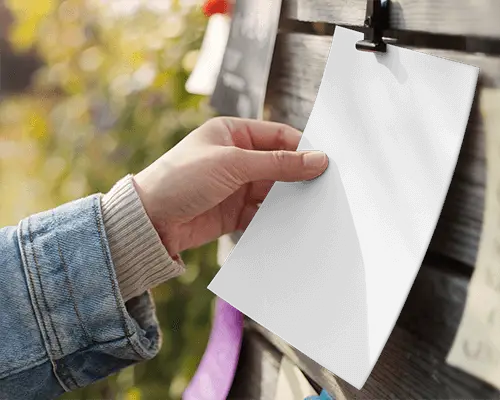 Outdoor Bulletin Board Flyer Mockup Hand Holding Paper Against Wooden Wall In Sunny Natural Light Casual Street Style Scene 097