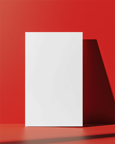 Single Standing Flyer Mockup Dramatic Red Background Sharp Shadow