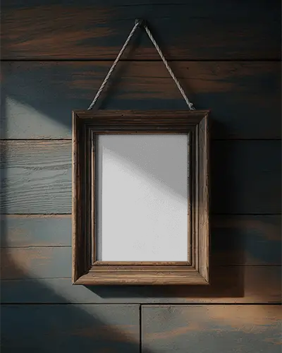 vintage-style-wall-mounted-frame-mockup-rope-hanger-on-aged-wood-plank-background