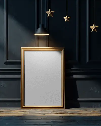 Elegant Vertical Photo Frame Mockup Under Warm Light Hanging Stars On Modern Wall Background