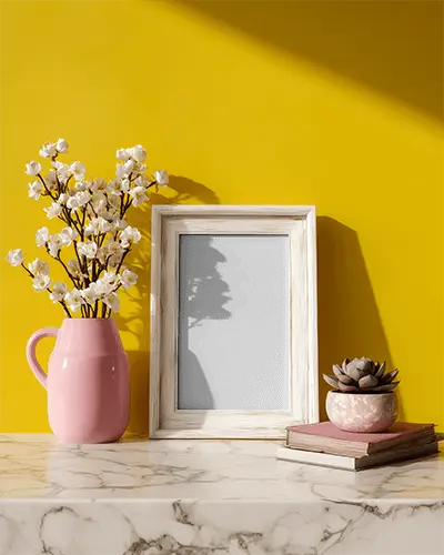 Rustic Wooden Frame Mockup On Marble Surface With Flower Bouquet And Succulent Decor