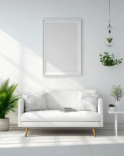 White Minimalist Living Room With Modern Wall Frame Mockup For Designs