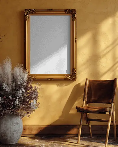 Elegant Decorative Photo Frame Mockup On Textured Wall With Nature Light And Chair For Showcase