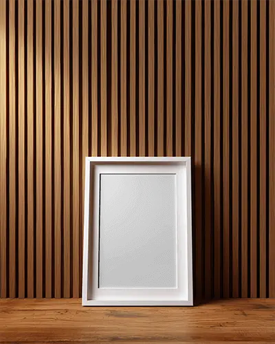 Clean Simple Photo Frame Mockup On Textured Wood Table With Rustic Wall Paneling