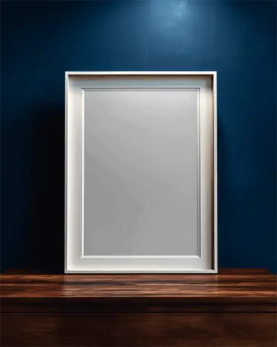Elegant Detailed Picture Frame Mockup Stand Alone On Wood With Modern Room Interior Setting