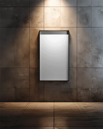 Stylish Portrait Orientation Frame Mockup Hanging On Concrete Wall In Dark Room