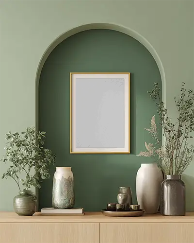 Home Decor Styled Frame Mockup With Modern Vase Arrangement And Green Arched Niche Background